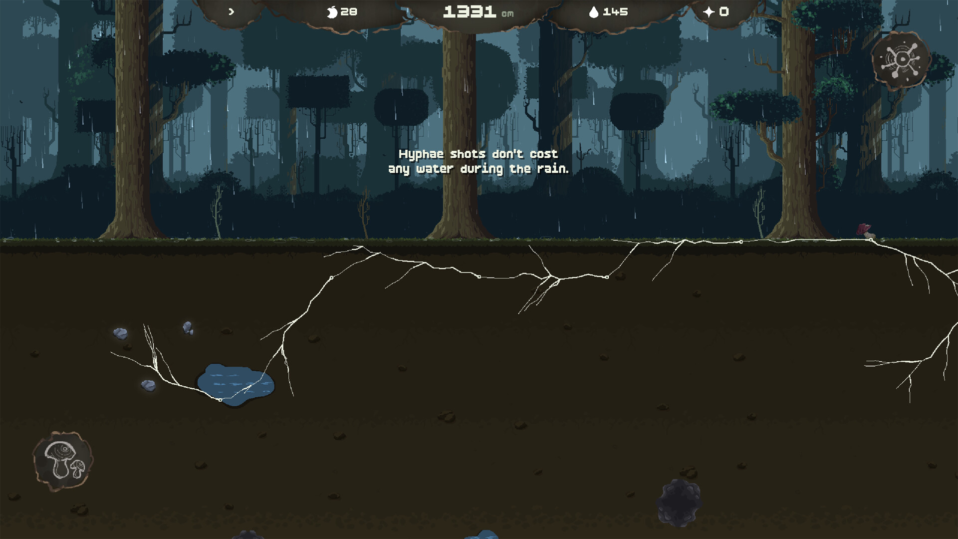Mycelarium screenshot: a hint message above a young network.